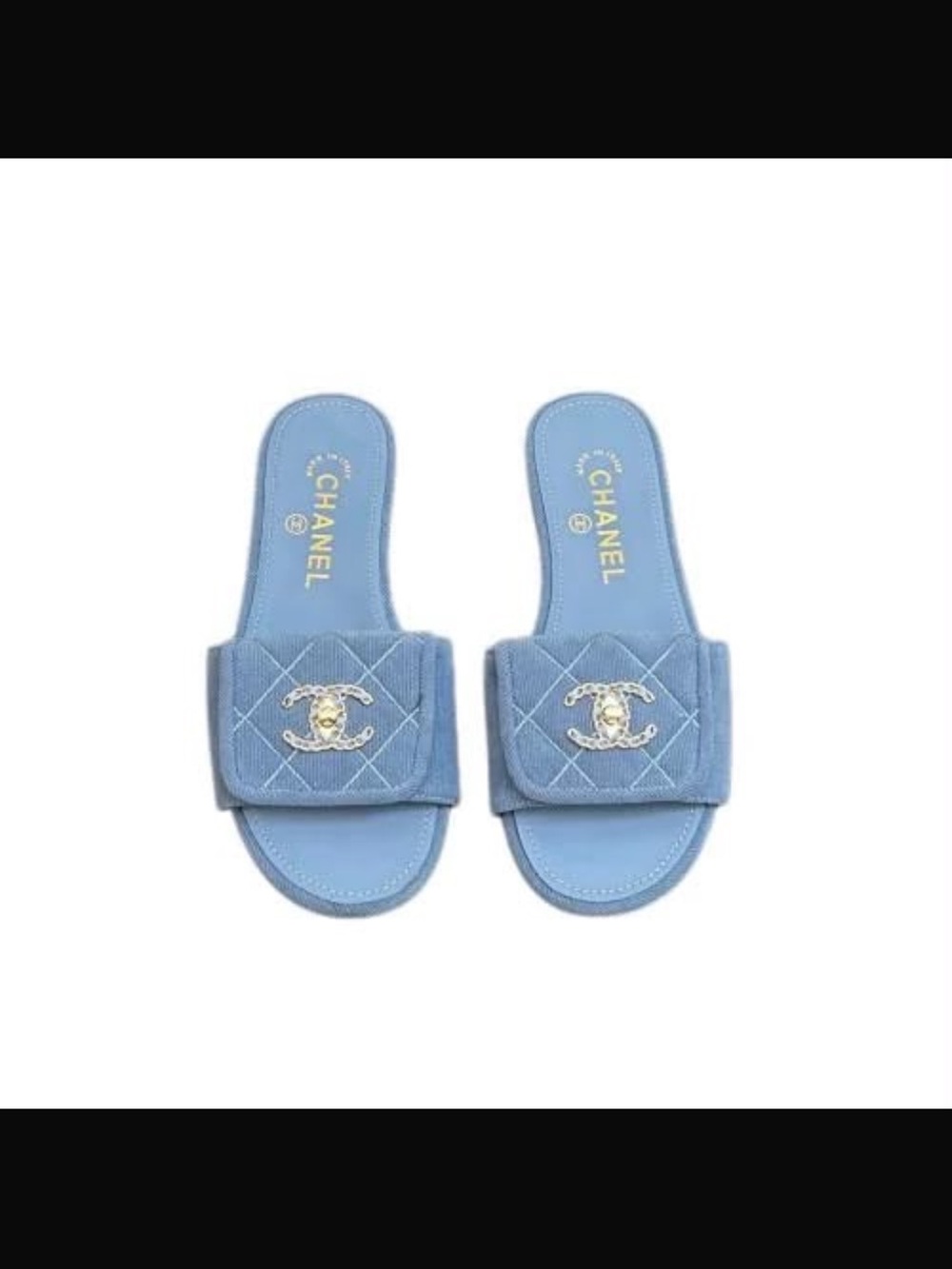 Fashion Baby Blue Quilted Slide Mules with Gold CC Accent